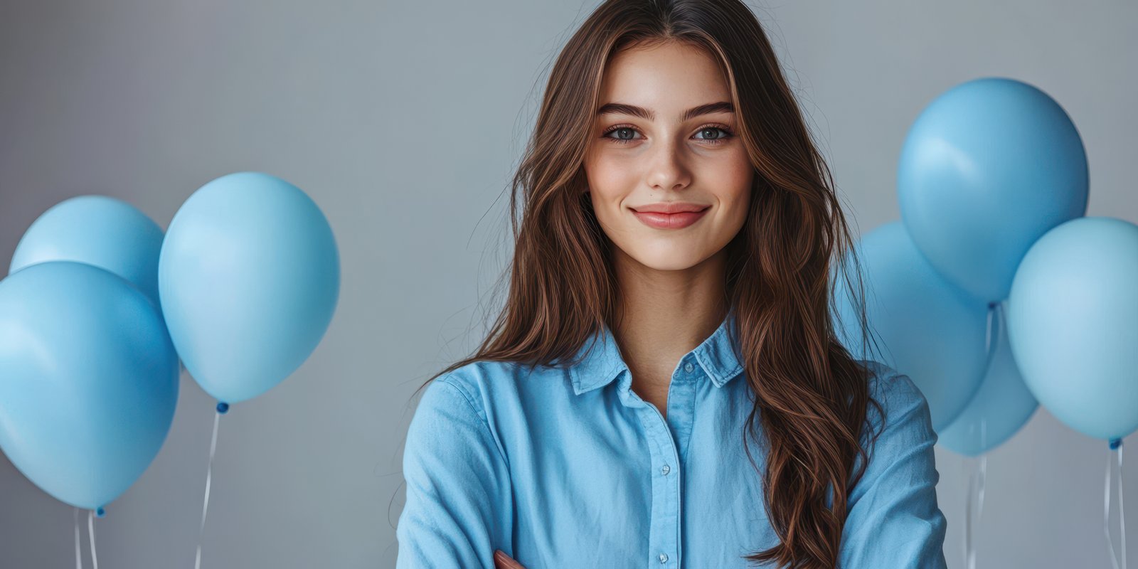 Young woman smiling confidently with blue balloons in a light setting during a celebration